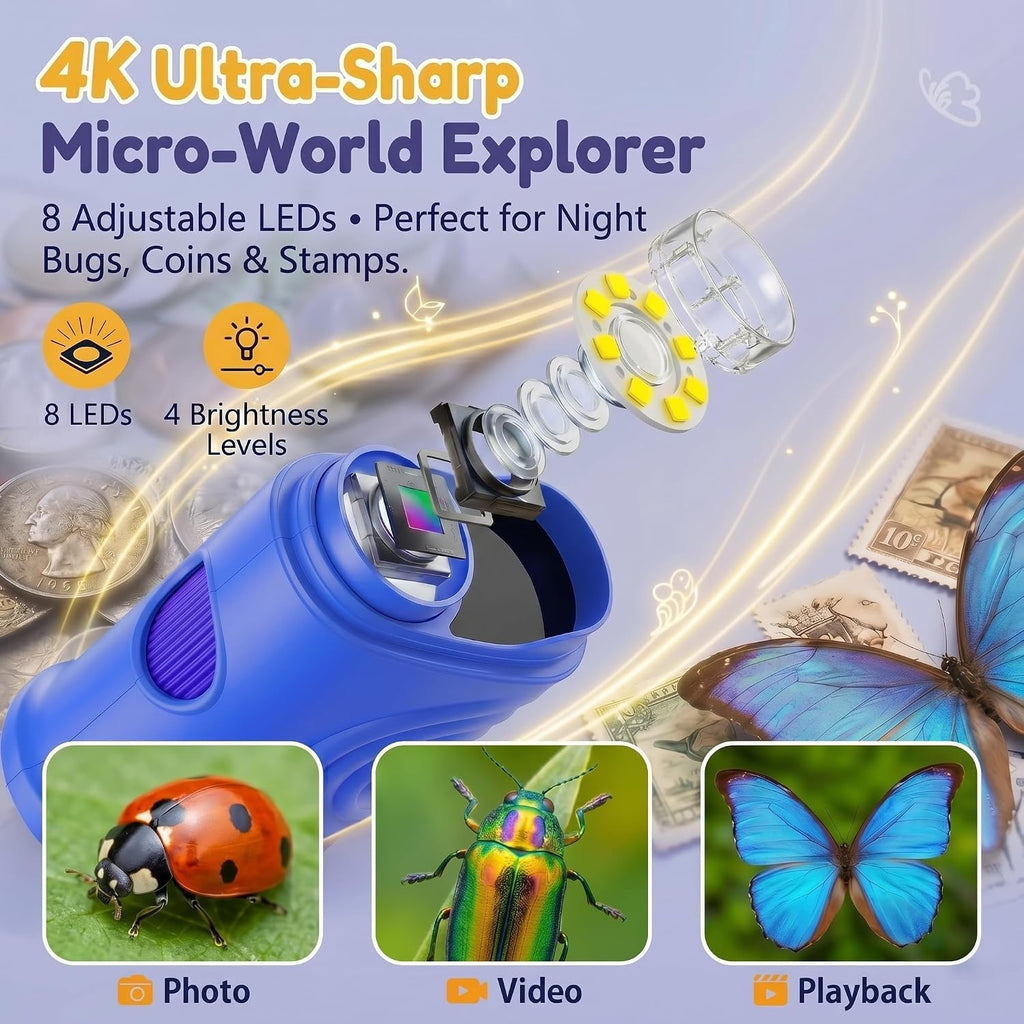 Kids Microscope, 1000X Handheld Digital Pocket Microscope with 2.4" IPS Screen & 8 LEDs, Rechargeable STEM