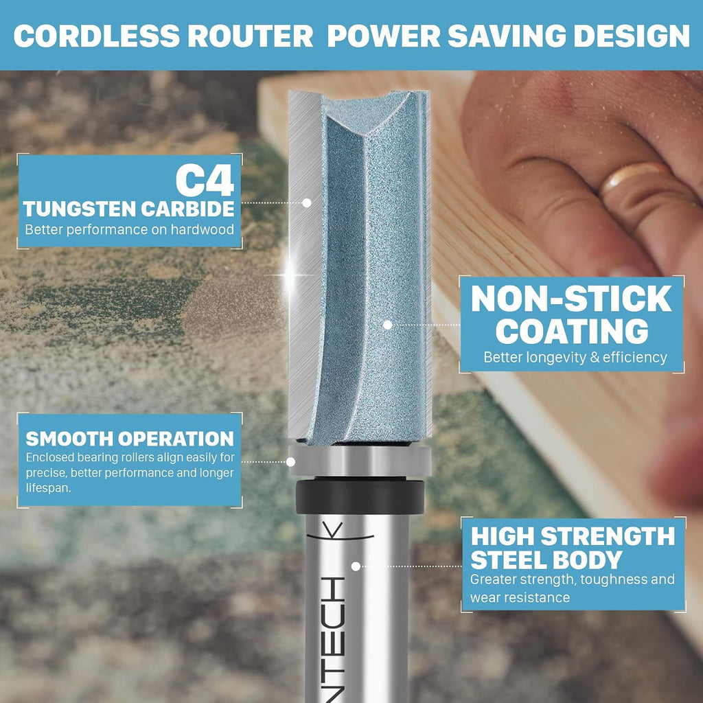 Flush Trim Router Bit, 1/4" Shank x 1/2" Dia x 1-1/2" Depth | 10X Lifespan, Pattern Bit, Top Bearing, Industrial