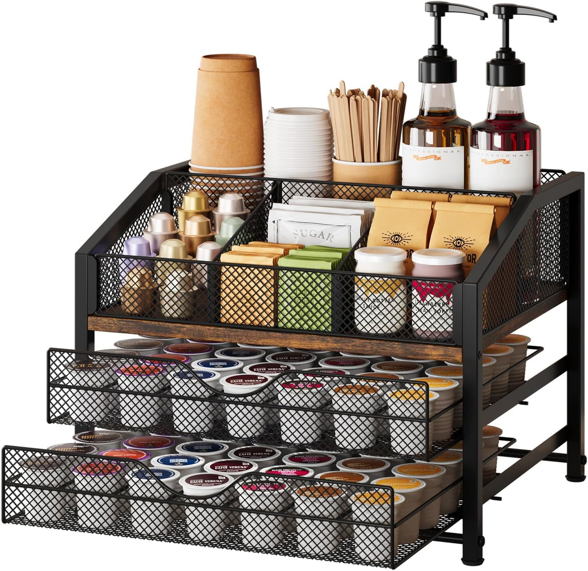 Coffee Bar Organizer, Metal & Wood Coffee Station Holds 84 K Cup