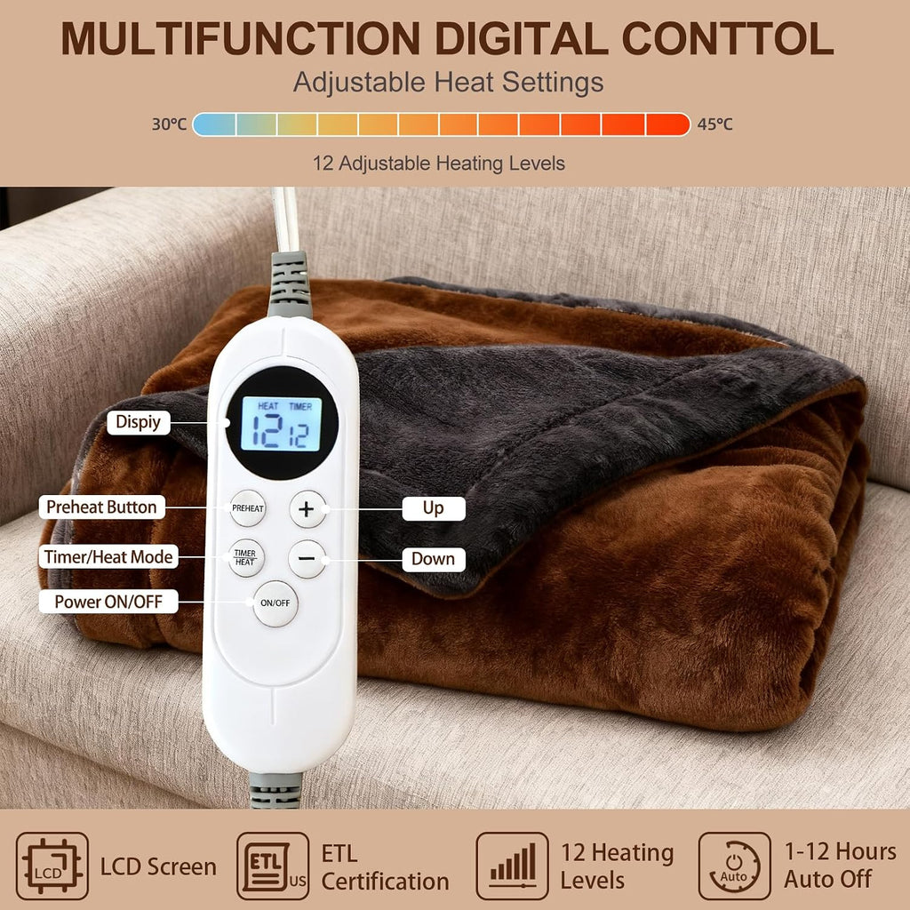 Electric Heated Blanket Throw 50''x60'' – Soft Dual-Sided Flannel, 12 Heat Settings, Smart Timer, ETL & FCC