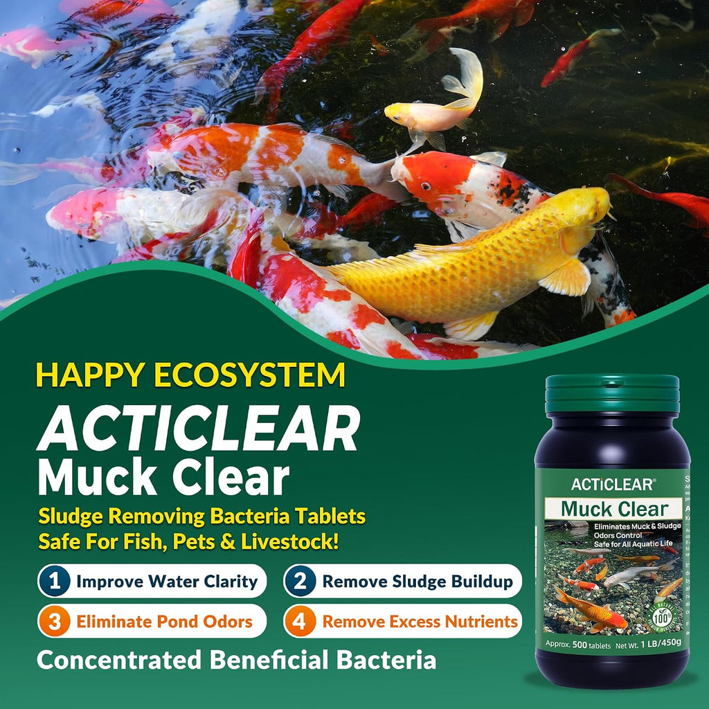 Muck Clear – Natural Pond Sludge Treatment, 500 Tablets for Ponds, Fountains & Bird Baths, Beneficial Bacteria &