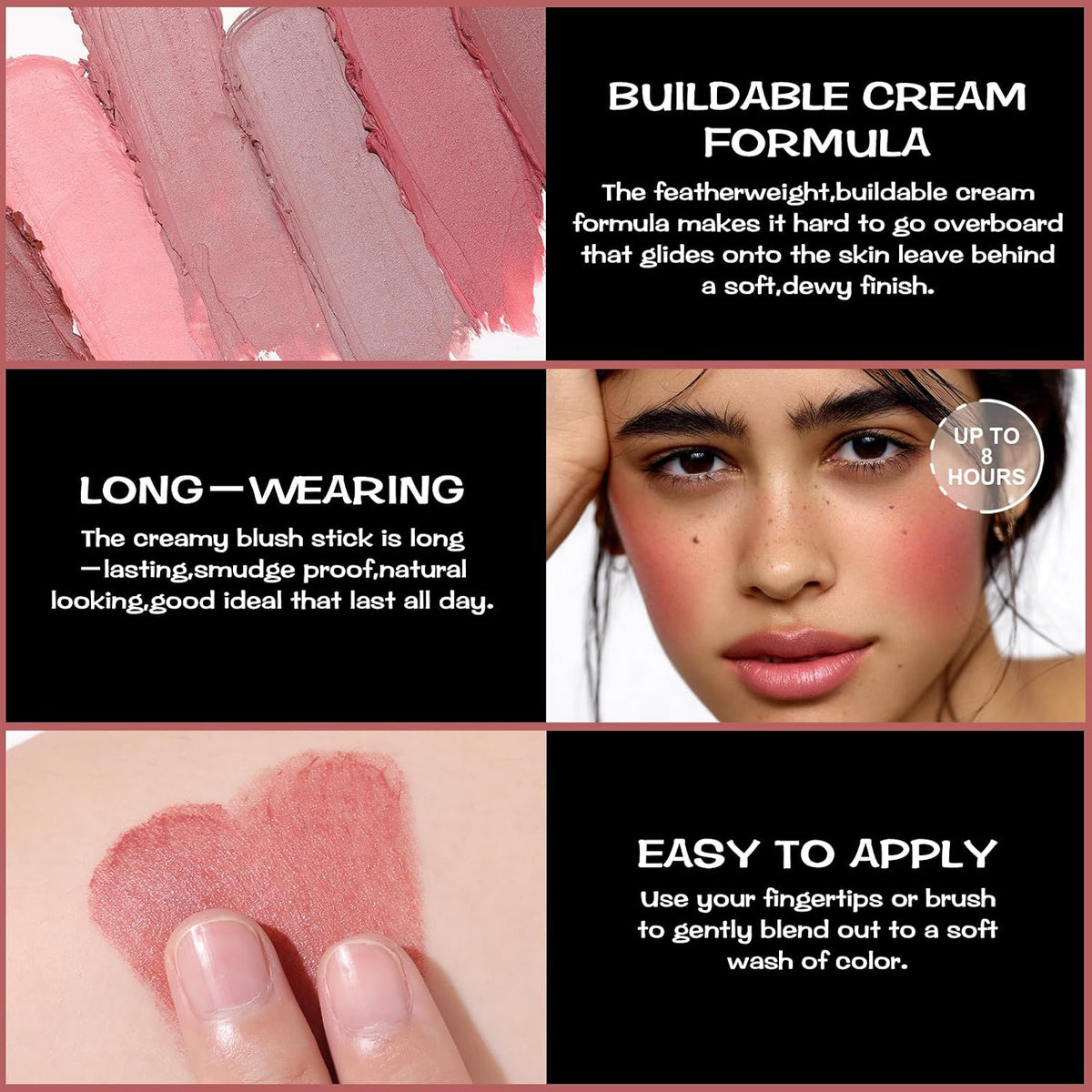Cream Blush Makeup,Buildable Blush Stick for Cheeks,Matte and Dewy Finish,Long Wearing,Easy Application,Lightweight