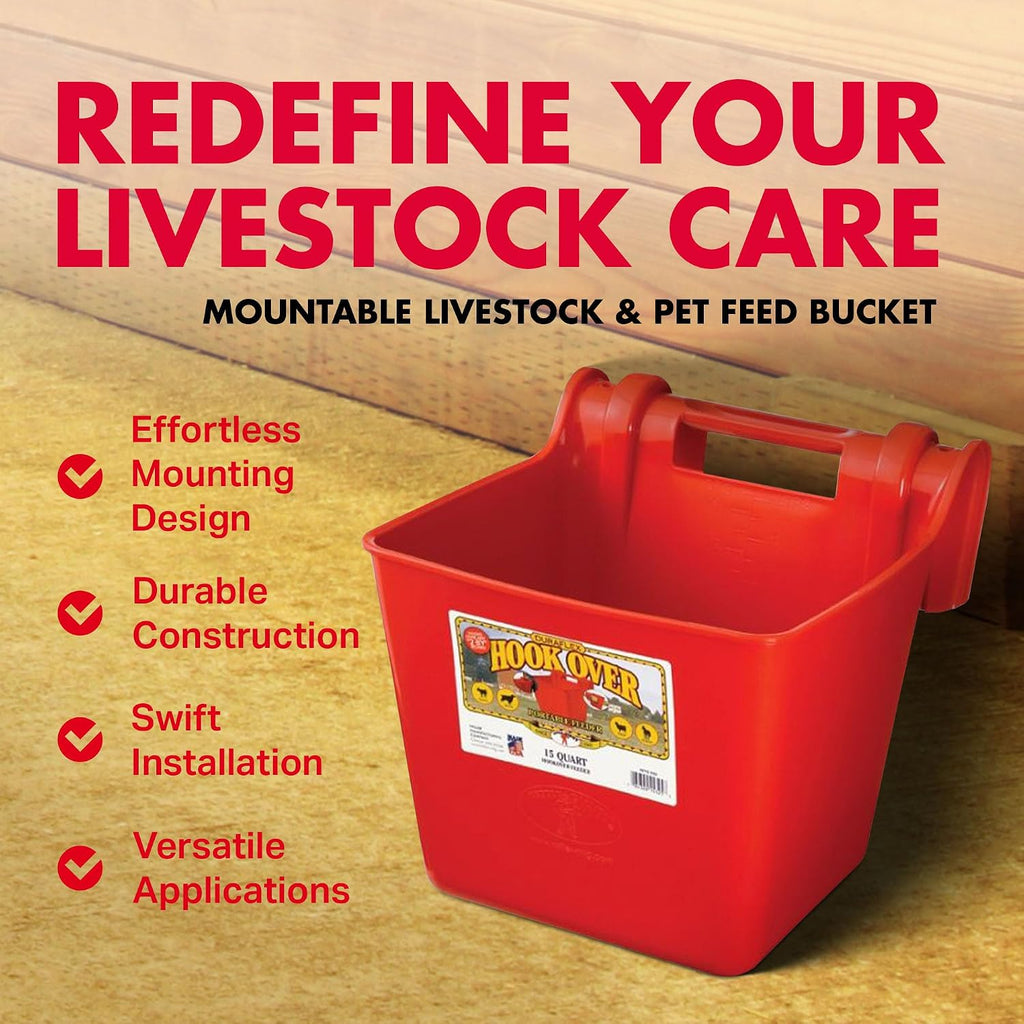 Plastic Hook Over Feeder | Mountable Livestock & Pet Feed Bucket | Horse Feed Bucket | Made in USA | 15 Quarts | Red