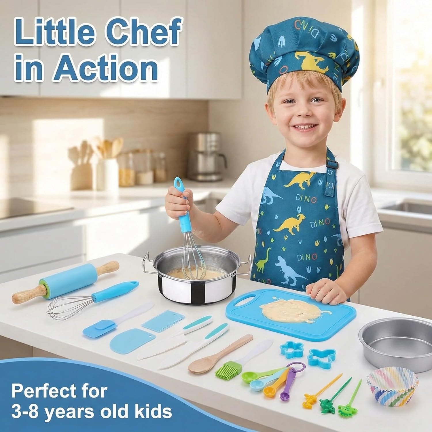 42-Piece Kids Cooking Set - Real Knife, Baking Set, Pots & Pans, Pretend Play Toys - Apron & Chef Hat for Boys