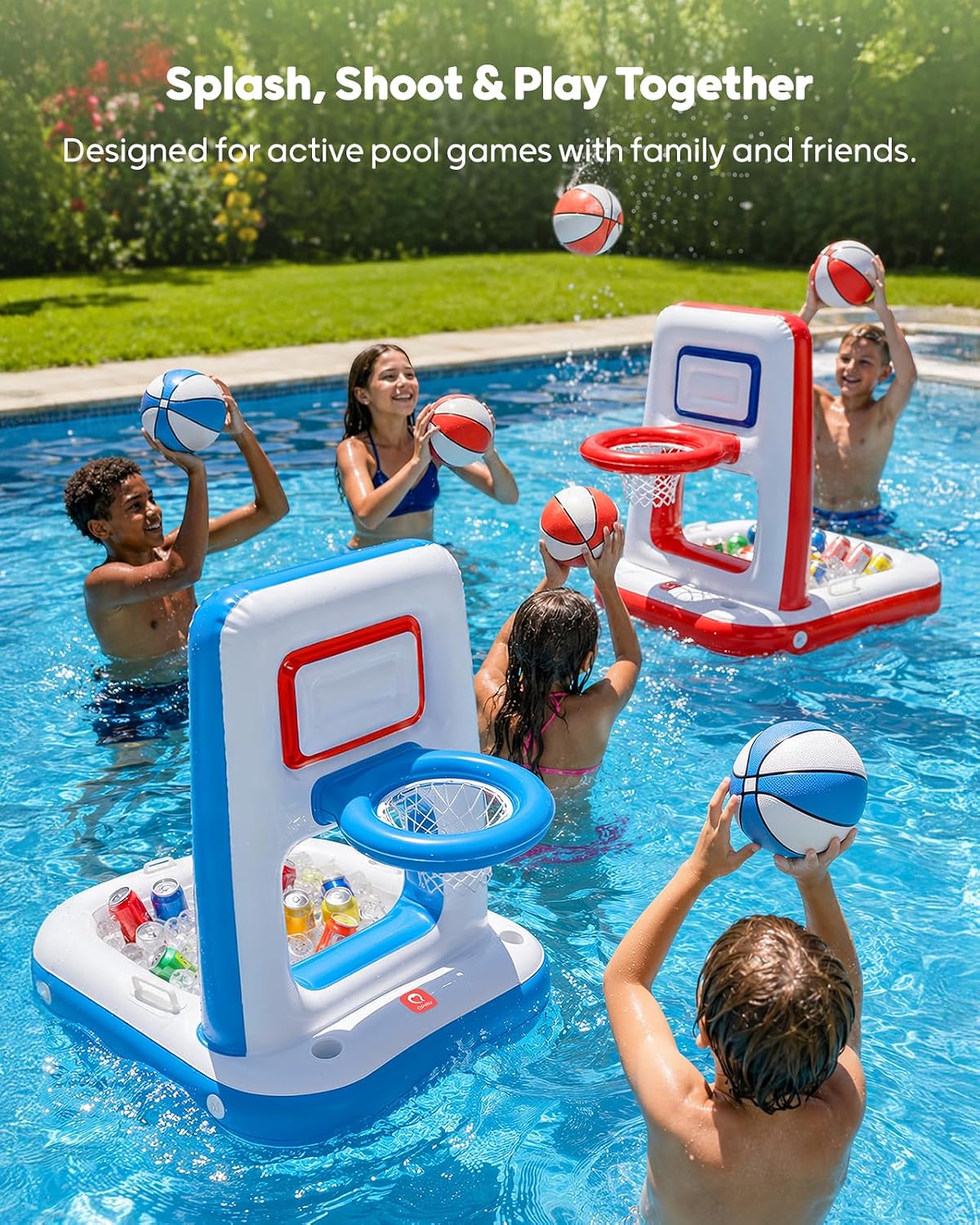 Pool Basketball Hoop with Built-in Cooler, 42" Poolside & Floating Inflatable Basketball Hoop for Family Pool Party —