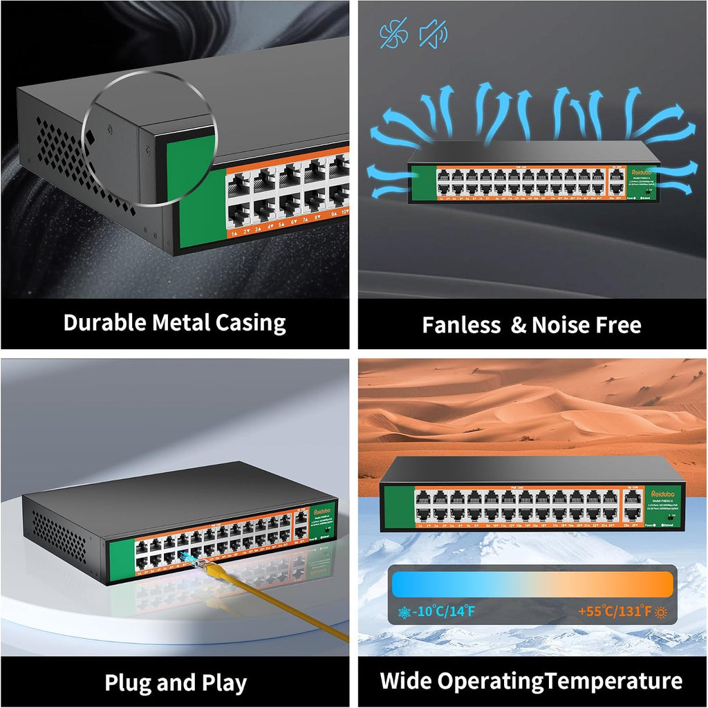 24 Port PoE Switch with 2 Gigabit Ethernet Uplink Port, Support IEEE802.3af/at, 400W High Power, Fanless, Plug and