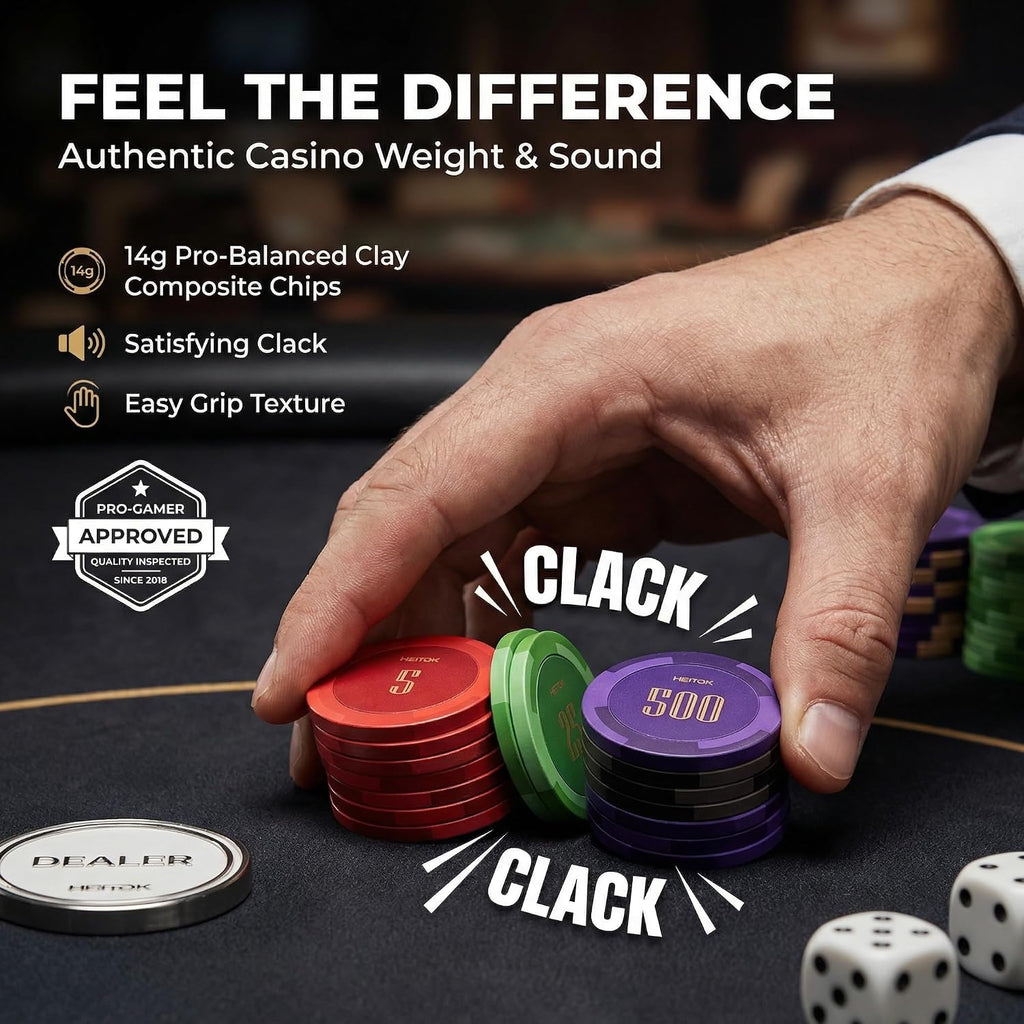 300-Piece 14g Clay Poker Chip Set with Denominations, Texas Hold'em | Numbered poker kit for 2-8 players; clay