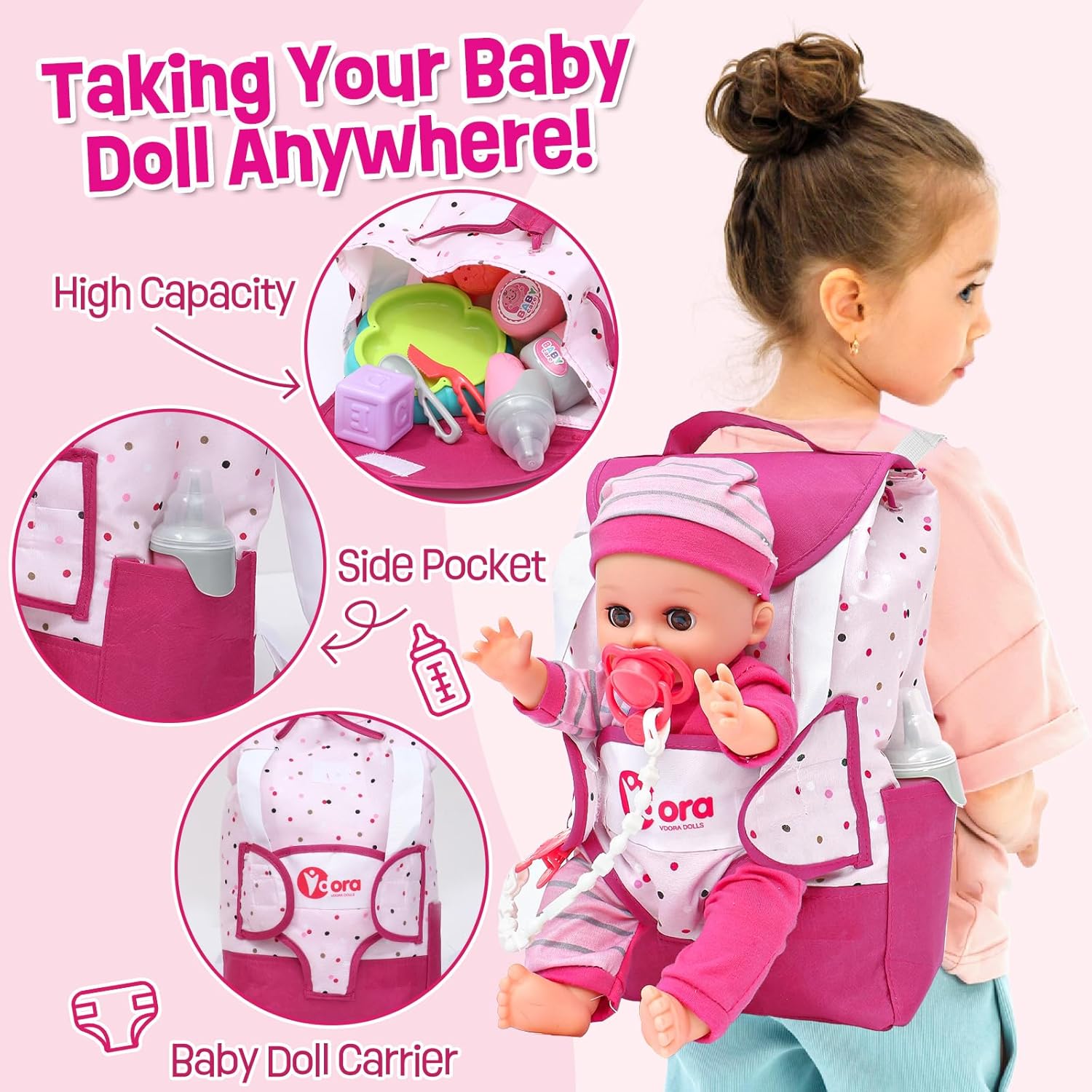 Baby Doll Accessories Playset, Baby Doll Care Toys with Changing Bag Backpack Feeding Set Doll Nappies Bottle Bath