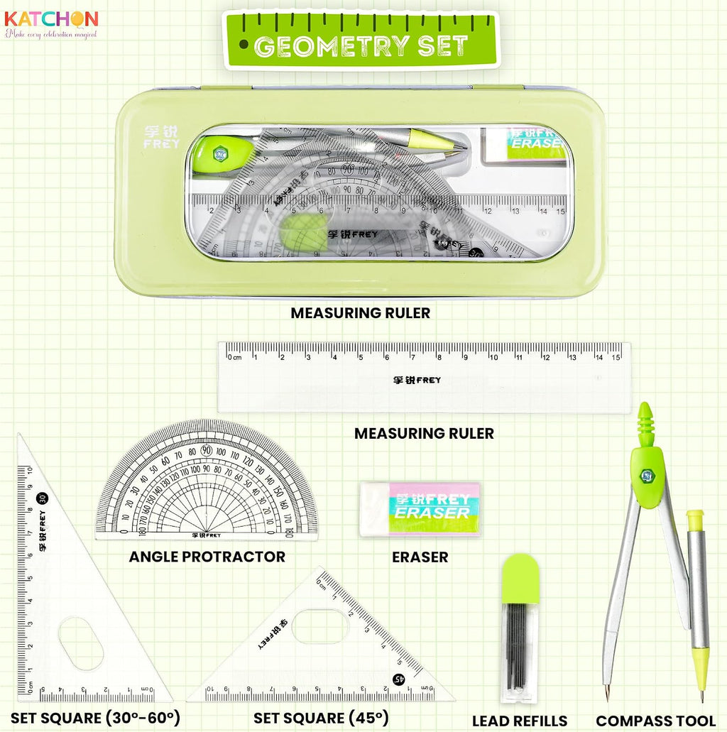Geometry Set for Students - 8 Pieces, Back to School Supplies | Metal Compass, Protractor, Eraser, Triangle Ruler