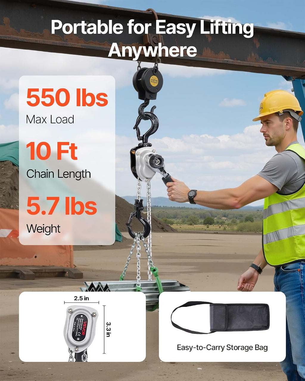Manual Lever Chain Hoist, 1/4T 550LBS Capacity Heavy Duty Come Along, 10FT Lift G80 Alloy Steel Chain with Dual Pawl