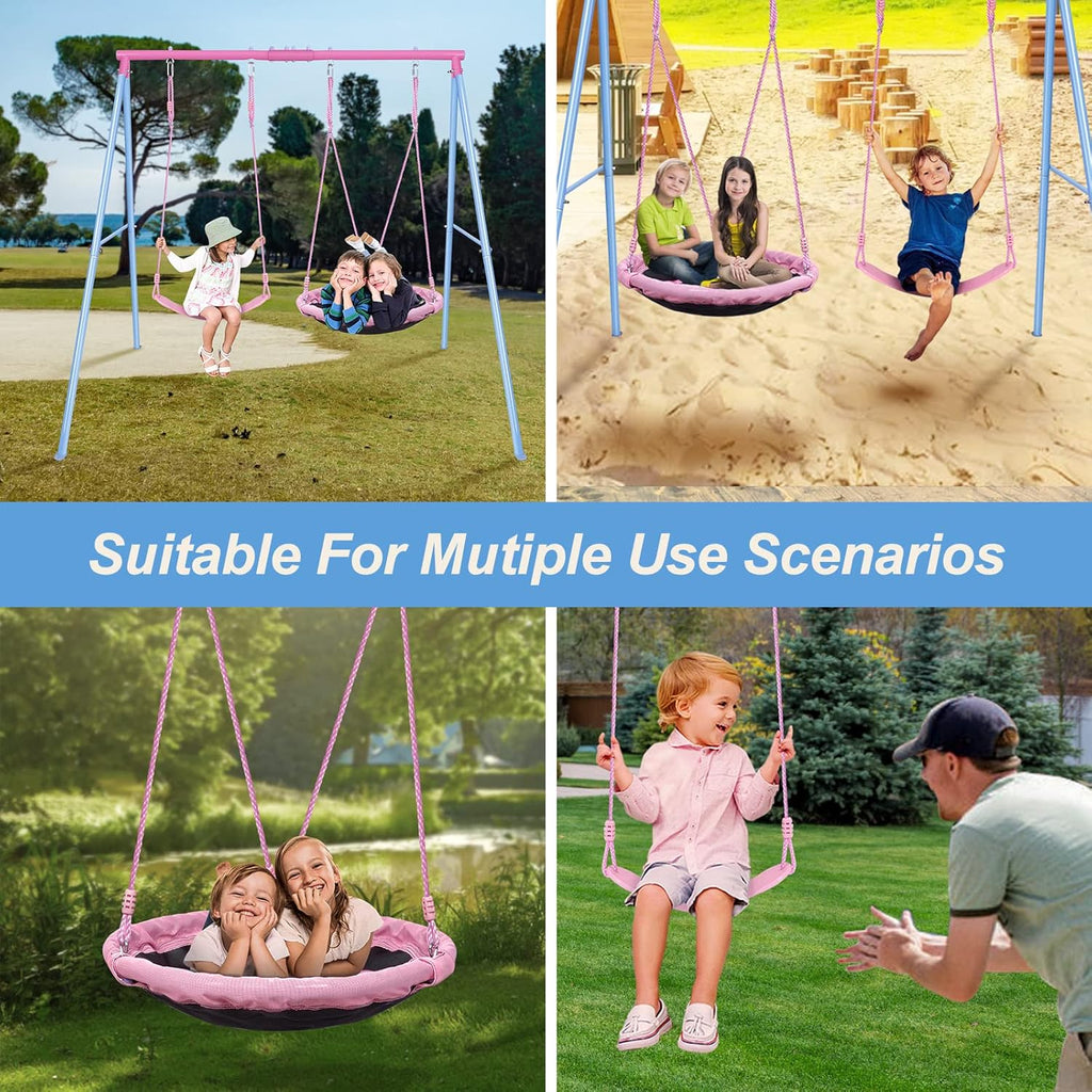 Swing Set, 440lbs, Heavy-Duty A-Frame Metal Outdoor SwingStand, 1 Saucer & 1 Belt Swing seat for Playground, Backyard