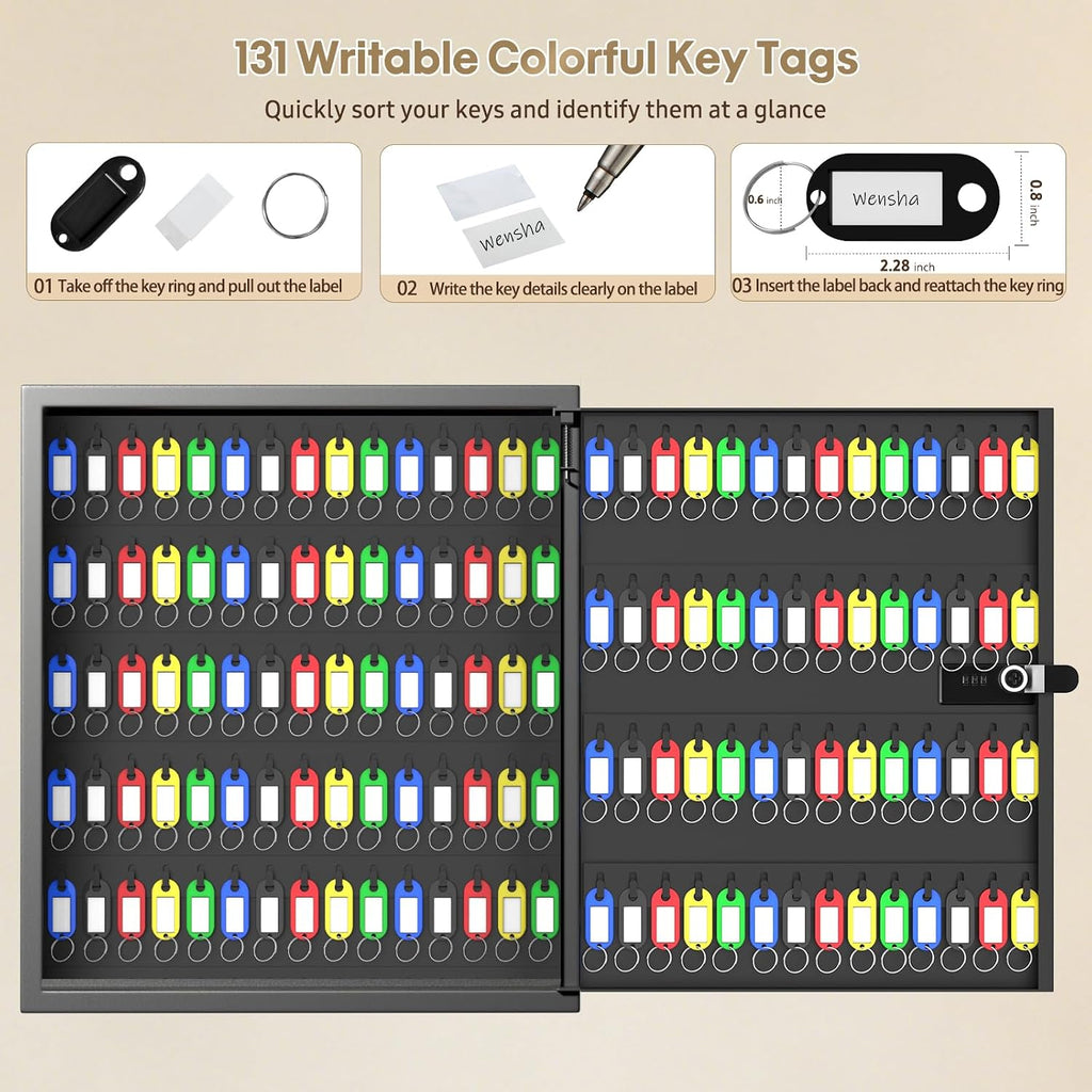 Lock Key Cabinet with Storage: 131-Keys Steel Wall Mount Key Cabinet Organizer - Large Storage and Secure Combination