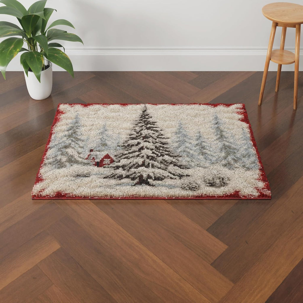 White Snow Christmas Pine Tree Latch Hook Rectangle Rug Kits for Adults Needle Crochet Yarn Kits Embroidery Carpet