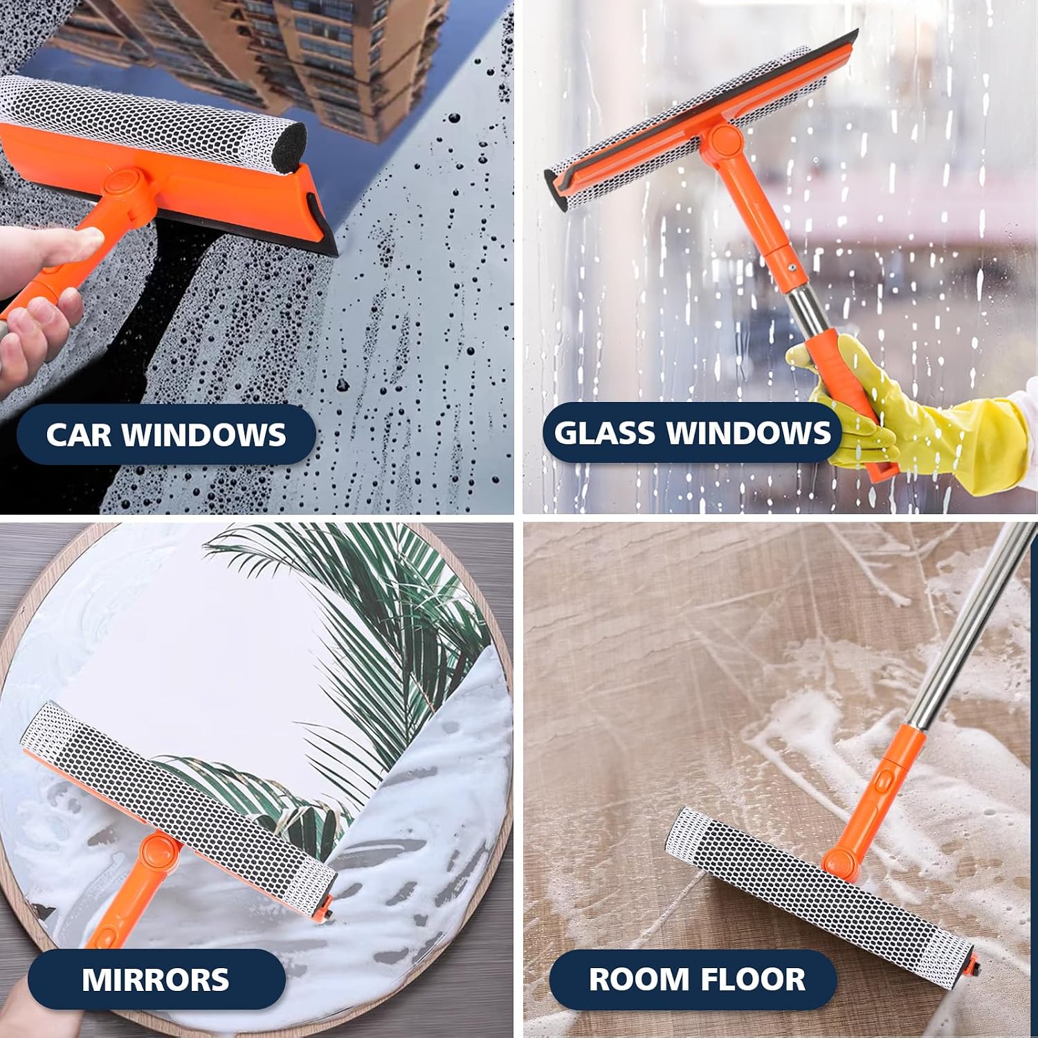 Professional Window Squeegee,2 in 1 Squeegee Window Cleaner with Long Stainless Steel Handle,Sponge Car Window