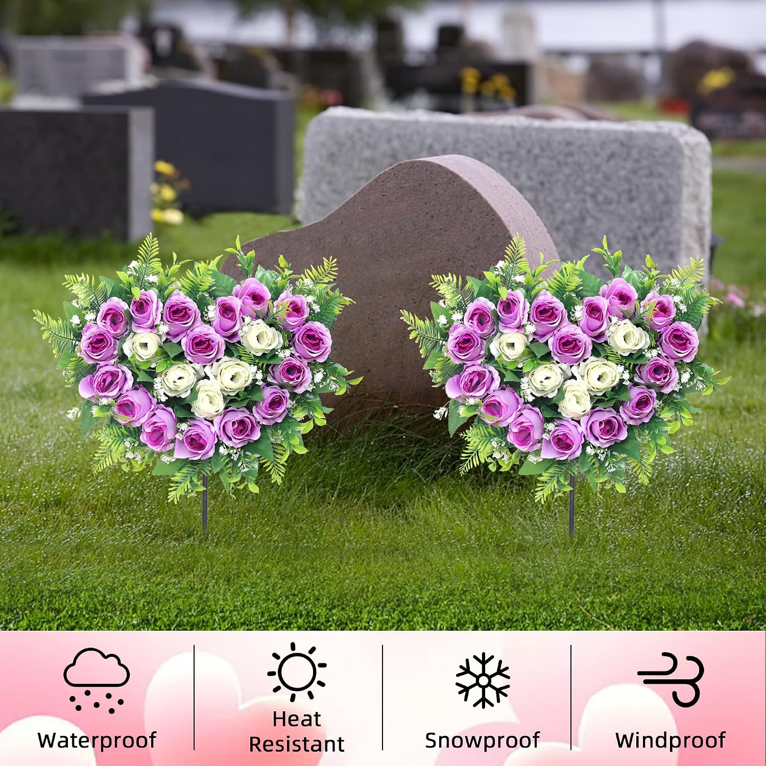 2 Sets Artificial Cemetery Flowers, Grave Memorial Flowers with Ground Spike,Heart Shaped Wreaths Rose Flowers for