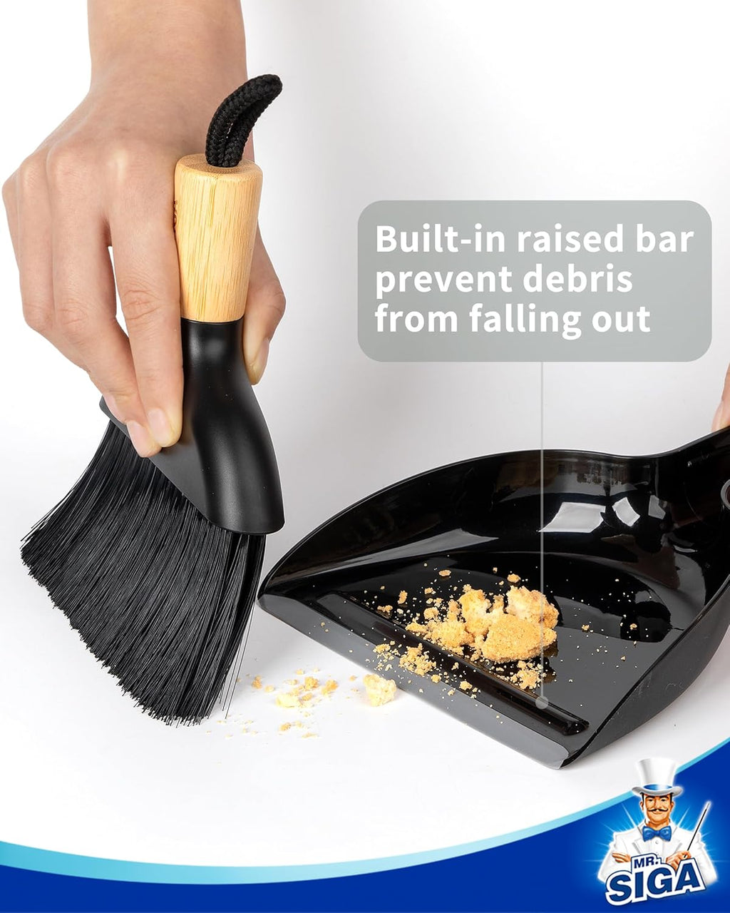 Mini Dustpan and Brush Set, Portable Cleaning Brush and Dustpan Combo with Bamboo Handle, Black, 1 Set