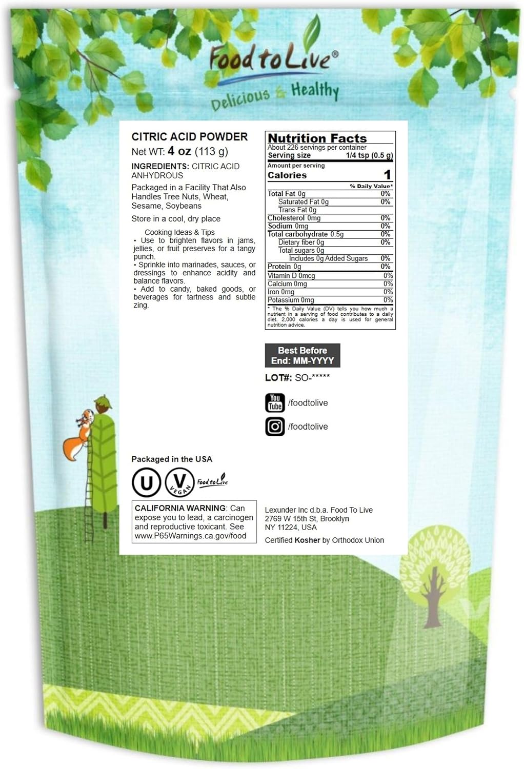 Citric Acid Powder, 4 Ounces - Anhydrous, Fine Granules, Food Grade Lemon Salt, Great for Cheese Making, Household