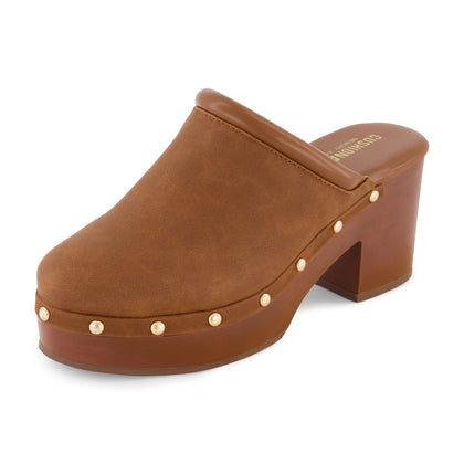 Guest Platform Clogs for Women, Heeled Faux Wood Mules with Studded Detailing and Memory Foam Footbed for All-Day