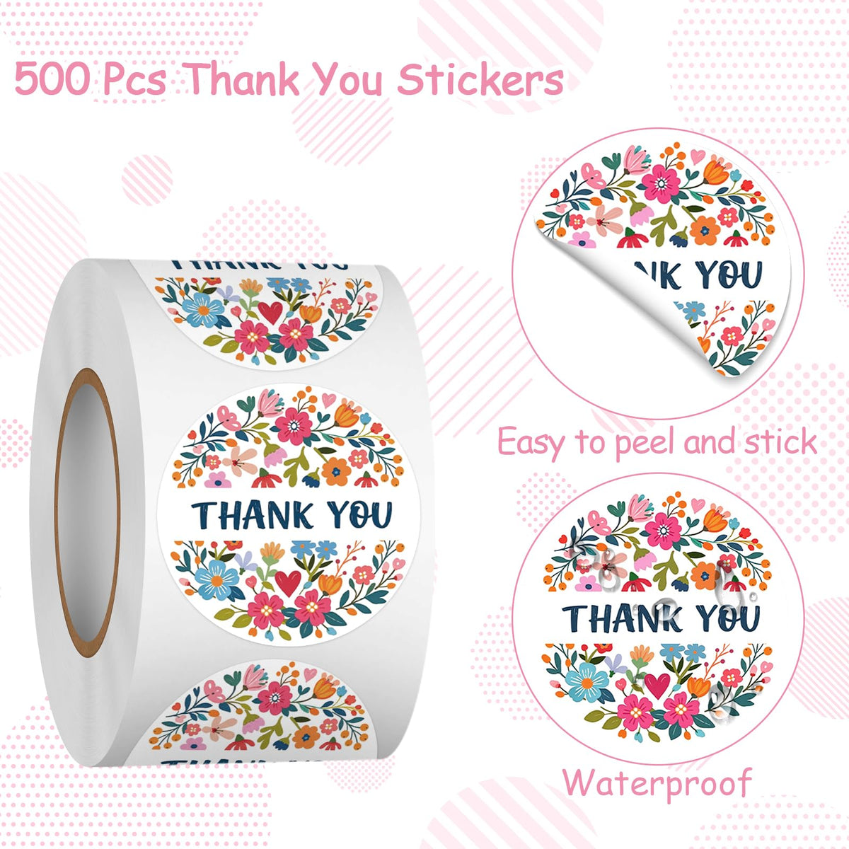 1.5Inch Thank You Stickers Roll 500Pcs Floral Pattern Labels