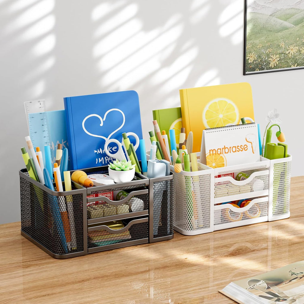 Mesh Desk Organizer, Pen Organizer with 2 Drawer, Multi-Functional Pencil Holder, Desk Organizers and Accessories