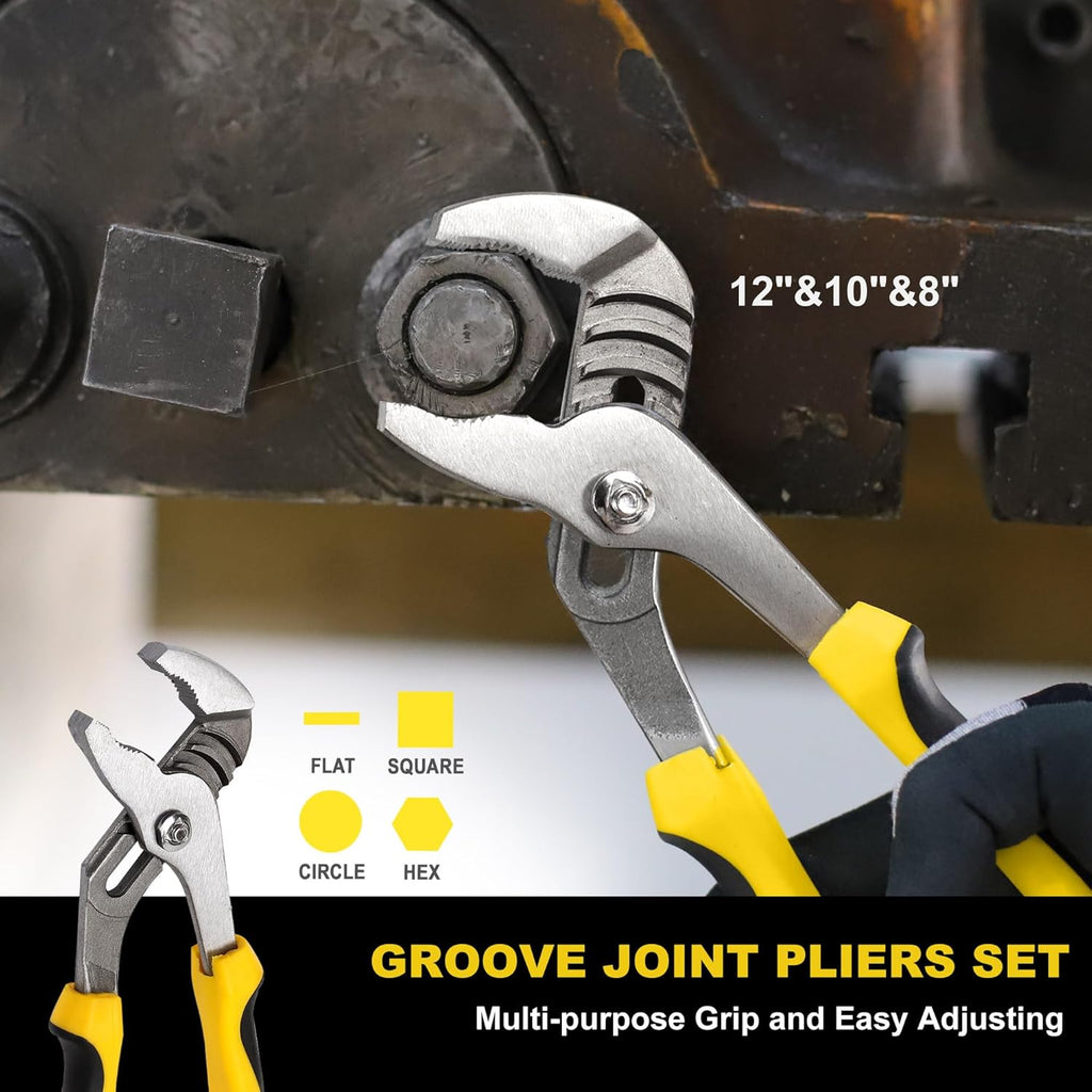 8-Piece Pliers and Wrench Set, 8” Adjustable Wrench, 12”, 10”, 8” Groove Joint, 7” Linesman, 6” Slip Joint, 6” Long