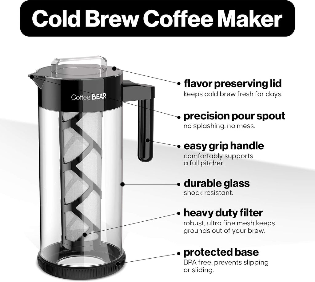 – Cold Brew Coffee Maker and Iced Tea Brewer, Large 1.3L (44oz) Borosilicate Glass Pitcher with Reusable Mesh Filter