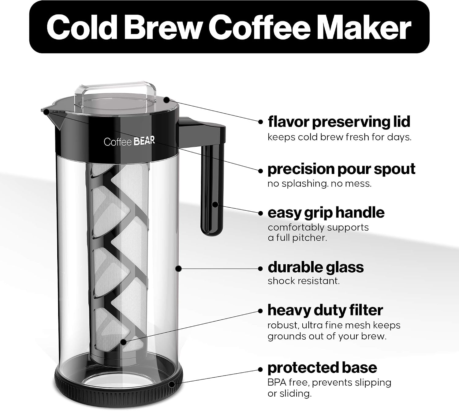 – Cold Brew Coffee Maker and Iced Tea Brewer, Large 1.3L (44oz) Borosilicate Glass Pitcher with Reusable Mesh Filter