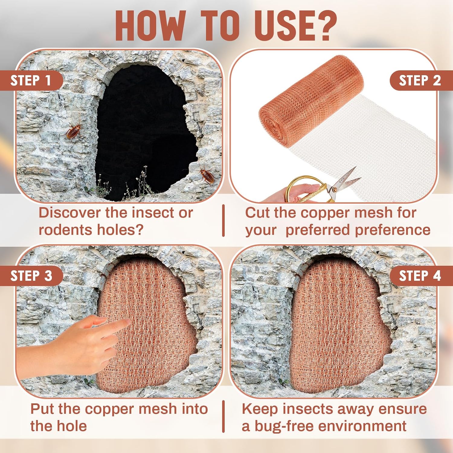 8" x 100 ft Copper Mesh Rodent Control Copper Wool for Slugs Rustproof DIY Hole Filler Pure Wire Mesh for Bat Snail