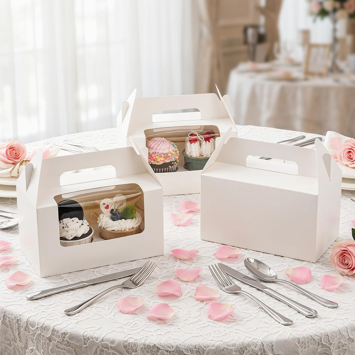 60 Pack 2 Count White Paper Cupcake Boxes with Insert, Handle and Window, Portable Cupcake Muffin Containers, Gable