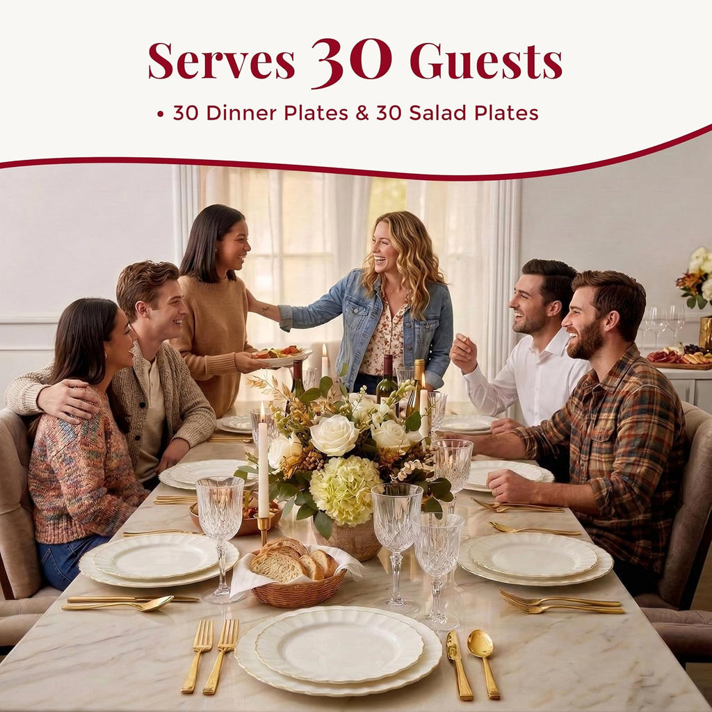 HEAVYWEIGHT Ivory Gold Scalloped Disposable Plates for Party 60 Pc