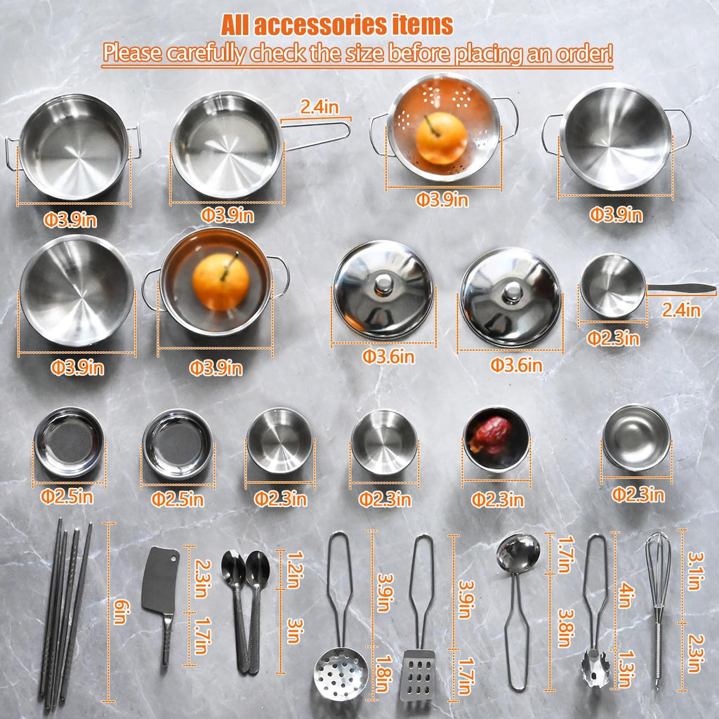 Tiny Classic Stainless Steel Kitchen Toys Cooking Utensils Set-Pretend Play Pots Pans Toy Cookware Kits for Kids