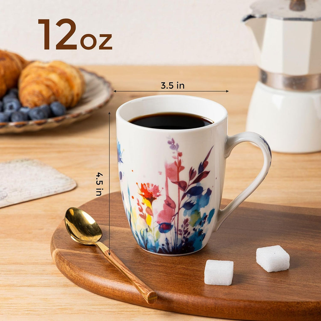 Floral Coffee Mugs Set of 6, 12 oz Ceramic Coffee Cups Set