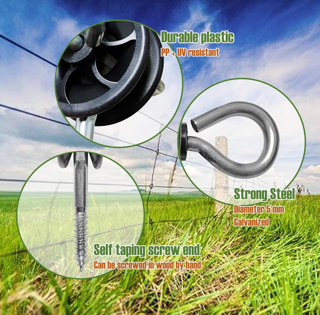 10 Pack Electric Fence Wood Post Anchors | Wood Post Screw-in Insulators, Screw-in Gate Handle Anchor, 2-Ring Black