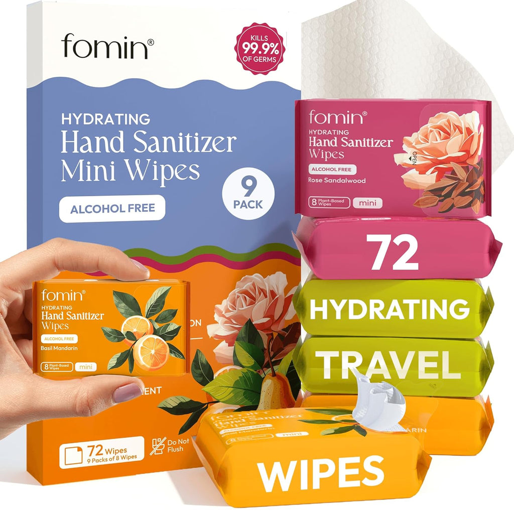 Mini Hand Sanitizer Wipes 9 Pack (8 Count) - Variety Pack Mini Wet Wipe - pH Balanced, Biodegradable On The Go Hand