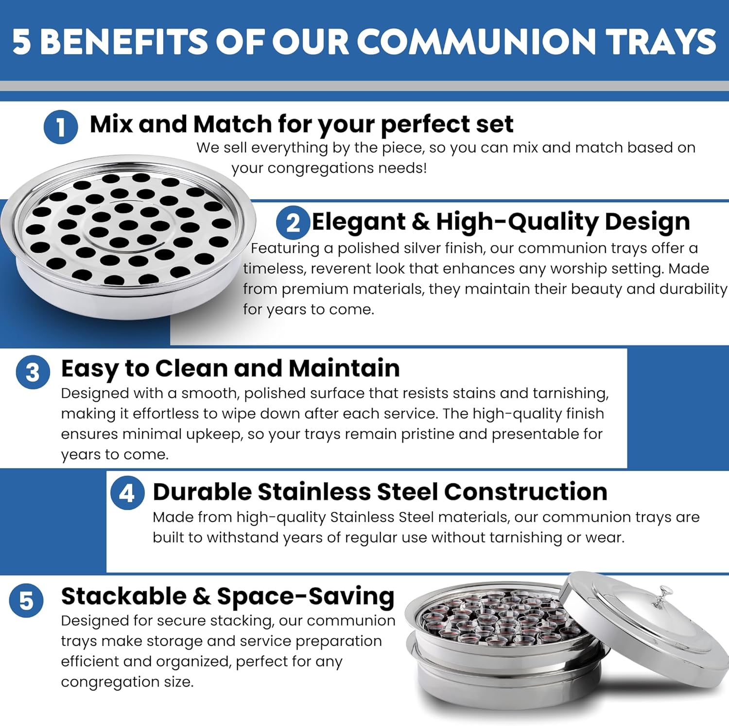 (Cup Tray) Silver Premium Communion Trays for Churches | Stainless Steel Communion Set, Supplies | 40 Cup Tray |
