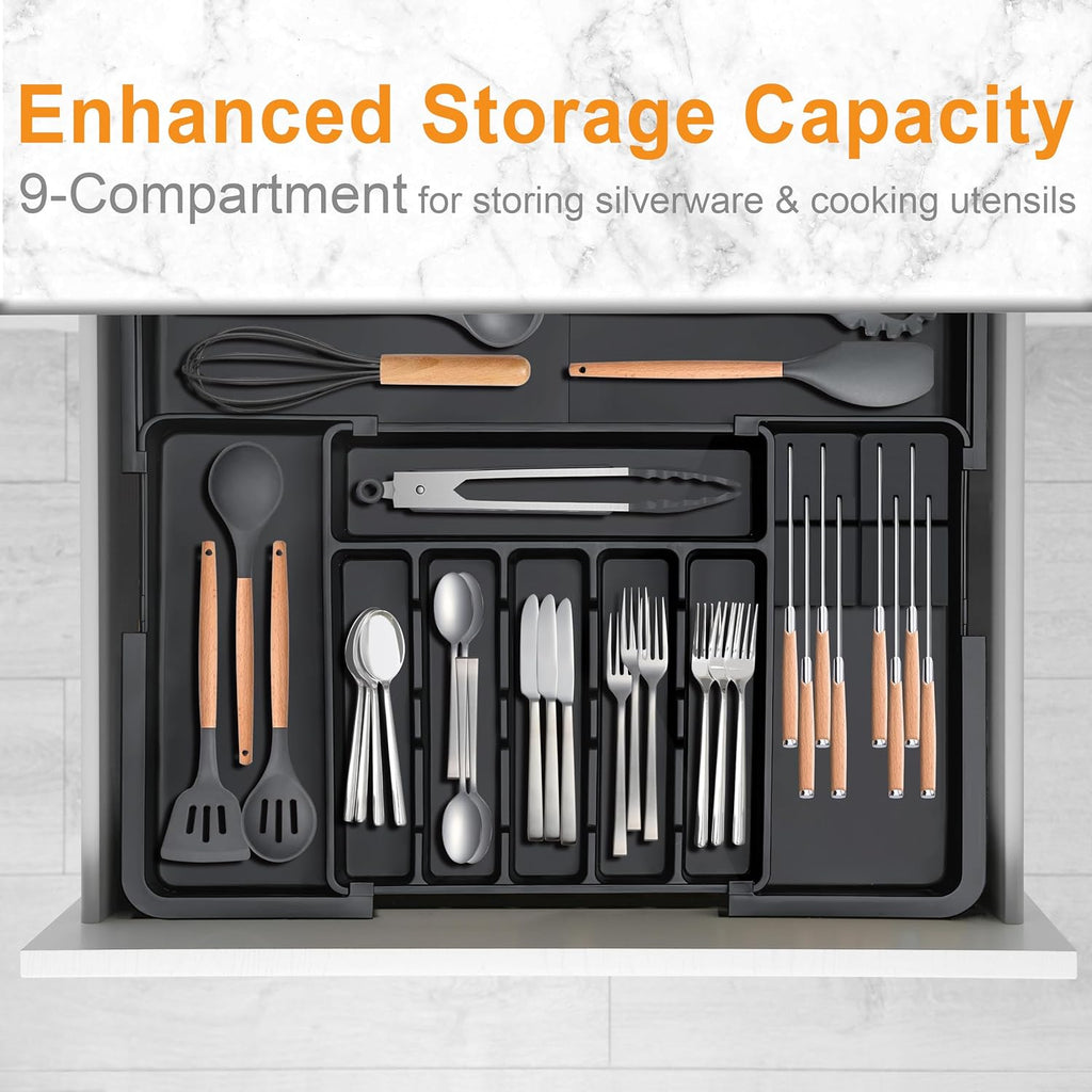 Silverware Organizer - Expandable Large Kitchen Drawer Organizer Utensil Organizer with 2 Removable Knife Blocks