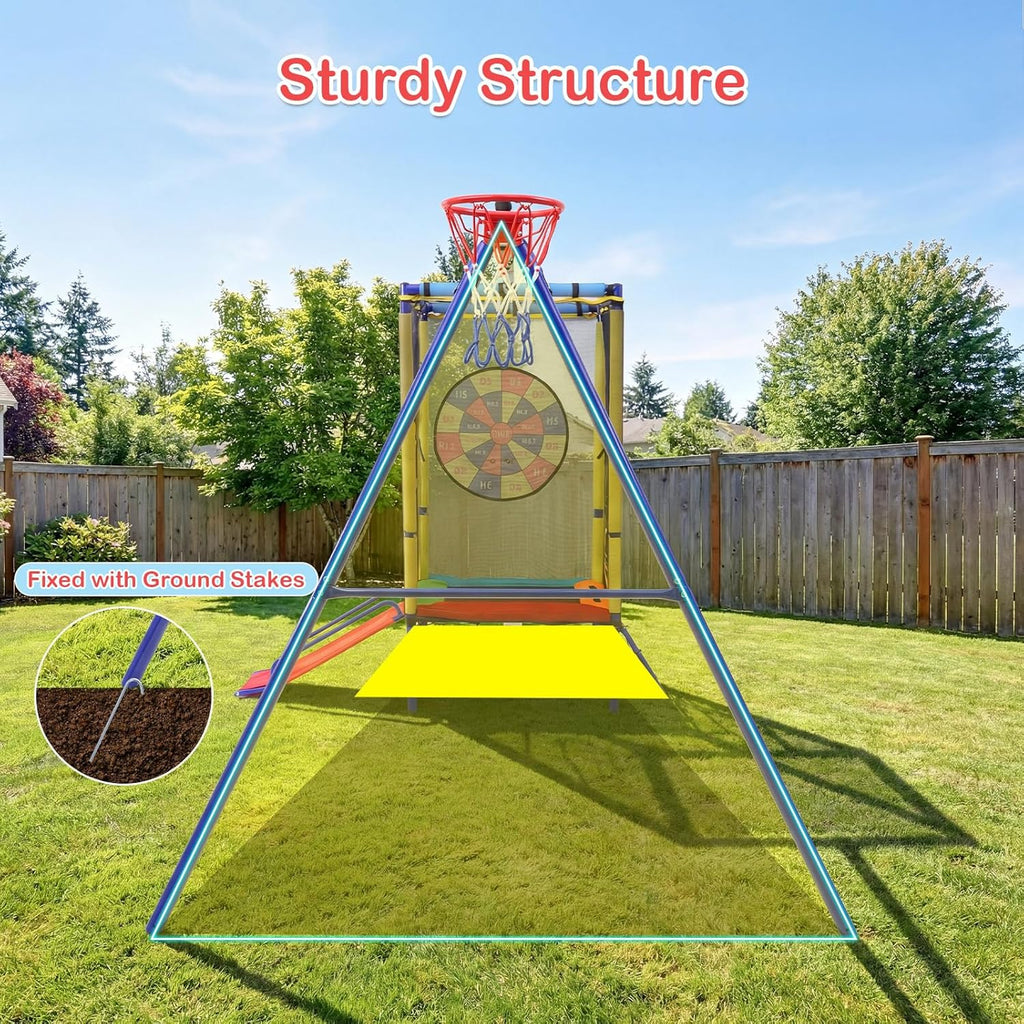 Swing Sets for Backyard, 6 in 1 Outdoor 440LBS Heavy Duty A-Frame Metal Stand with Trampoline, Slide, Saucer Swing