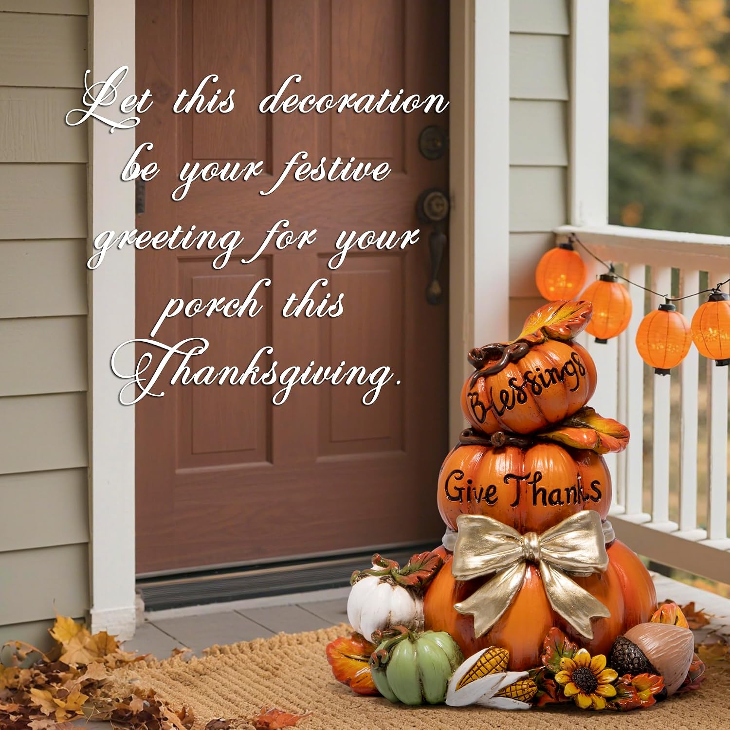 Thanksgiving Pumpkin Decor, Resin Stacked Pumpkin Figurine with Give Thanks Sign, Fall Autumn Harvest Decoration with