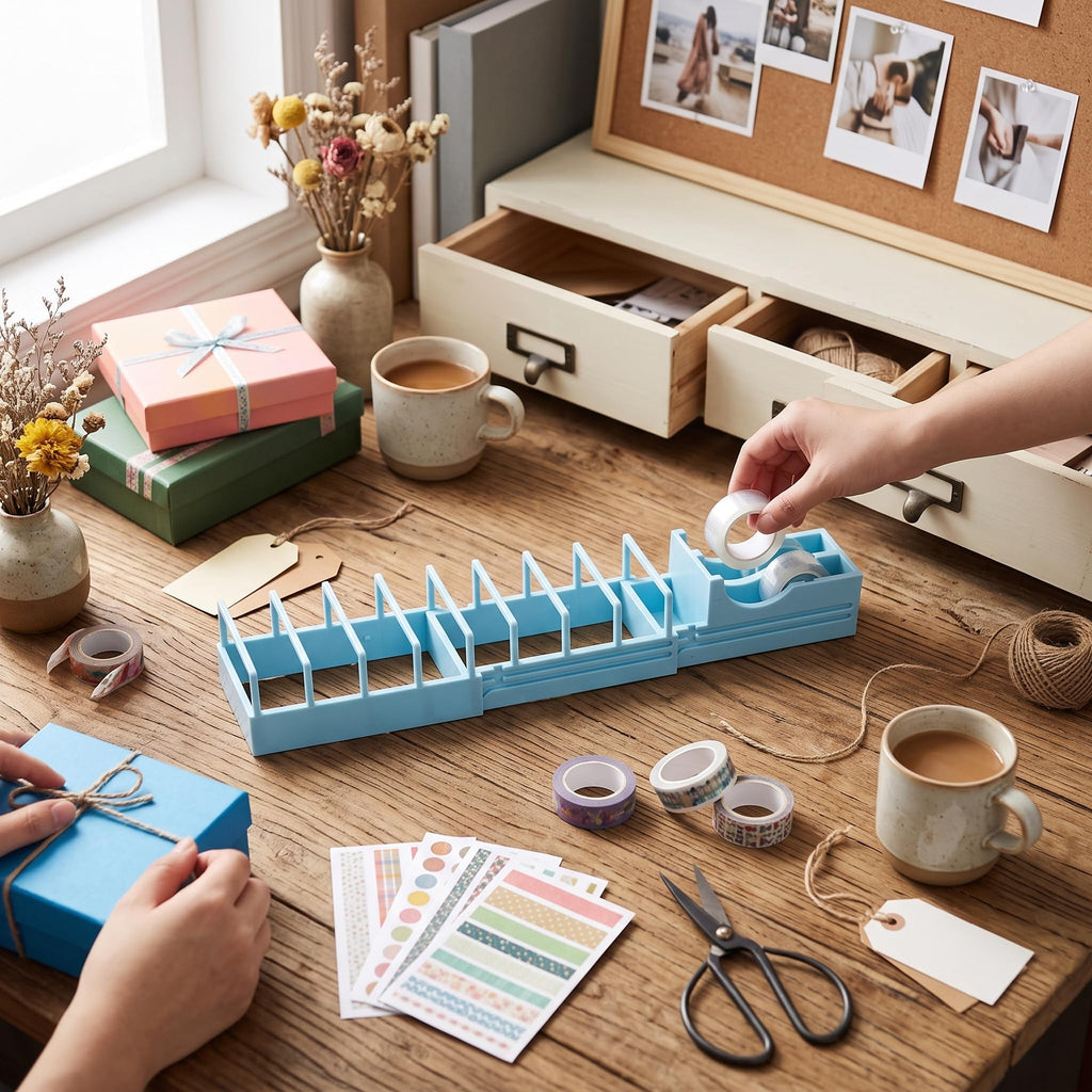 Foldable Tape Dispenser, Portable Lightweight Multi Type Cutter and Holder for Gift Wrapping Home Office Blue Plastic