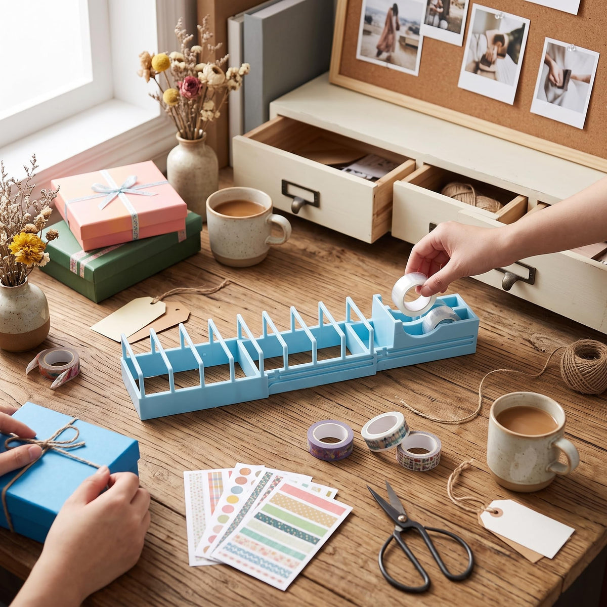 Foldable Tape Dispenser, Portable Lightweight Multi Type Cutter and Holder for Gift Wrapping Home Office Blue Plastic