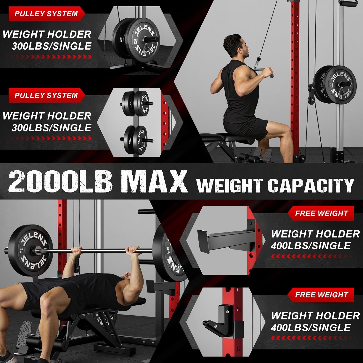 C21 Power Cage, 2000LBS Multi-Function Power Rack with Independent Dual Pulley System, All-in-One Squat Rack for
