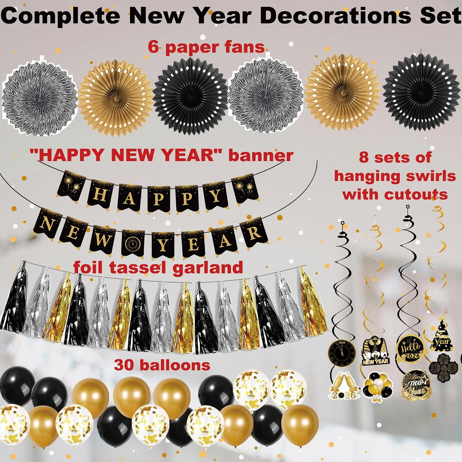 2026 New Year Decorations – Black Gold New Year’s Eve Party Supplies with Happy New Year Banner, Hanging Swirls with