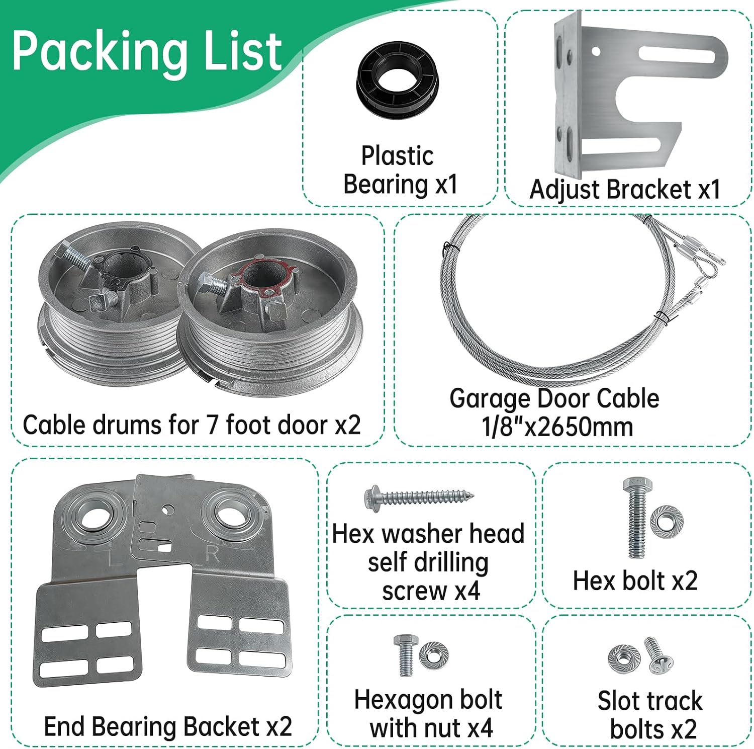 Universal Garage Door Torsion Spring Conversion Kit Fit for 7 Feet High Garage Doors, Including Cable Rollers
