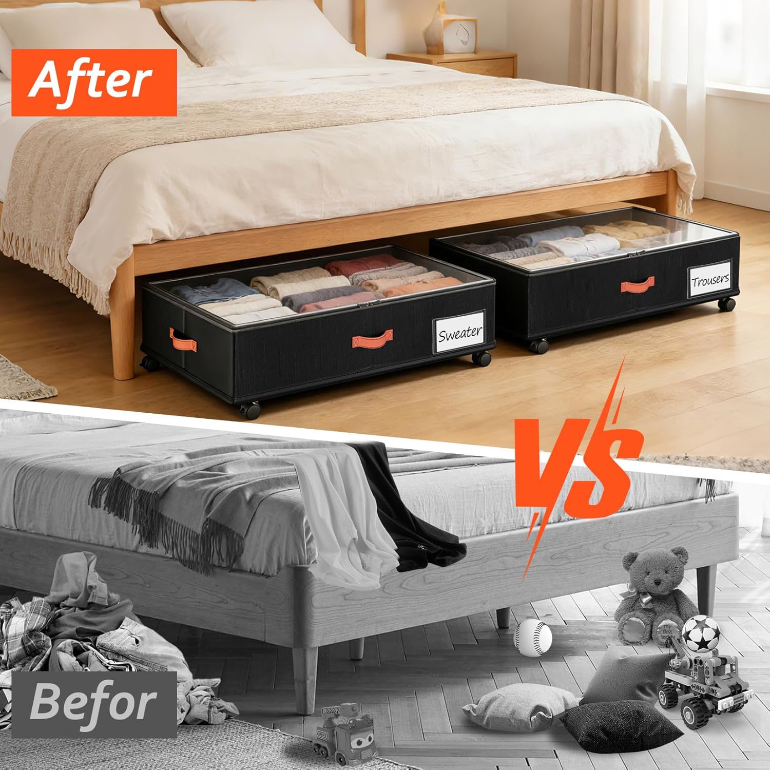 Under Bed Storage with Wheels 2-Pack, Under Bed Storage Containers 66L Clear Lids, Rolling Storage Drawers for