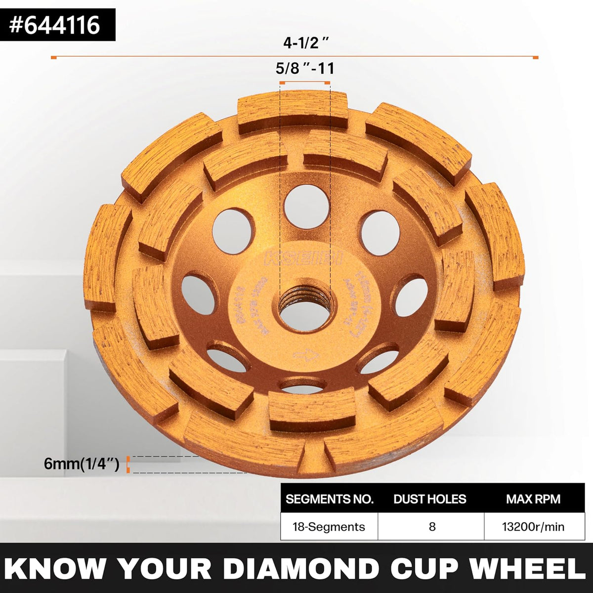 KSEIBI 644116 Diamond Concrete Grinding Wheel Cup 4 1/2" x 5/8"-11