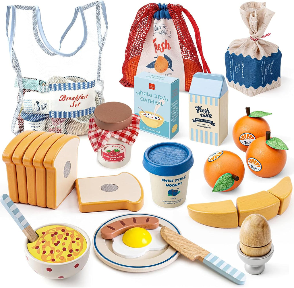 Wooden Play Food Set - Montessori Cutting Fruit Egg Bread, Pretend Breakfast Food Toys for Kids Kitchen, Educational