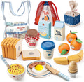 Wooden Play Food Set - Montessori Cutting Fruit Egg Bread, Pretend Breakfast Food Toys for Kids Kitchen, Educational