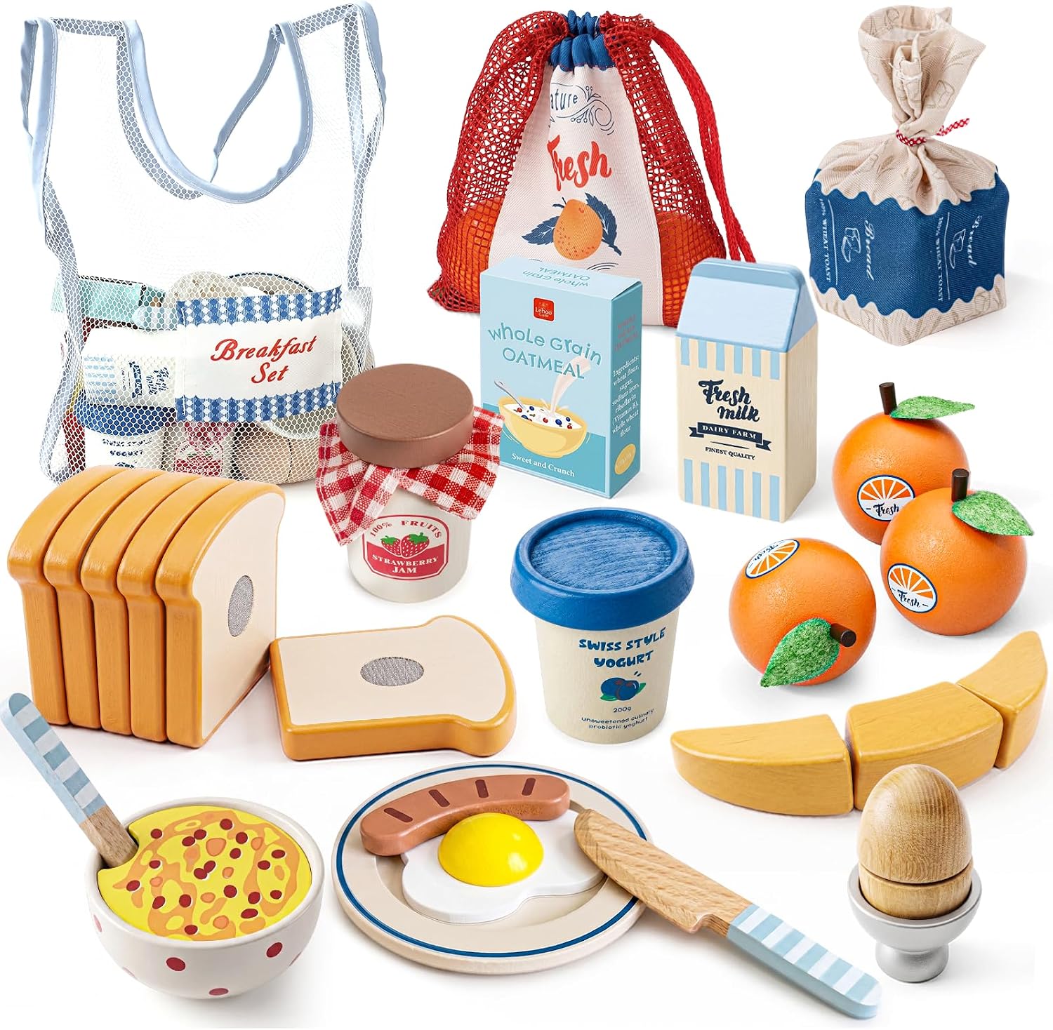Wooden Play Food Set - Montessori Cutting Fruit Egg Bread, Pretend Breakfast Food Toys for Kids Kitchen, Educational