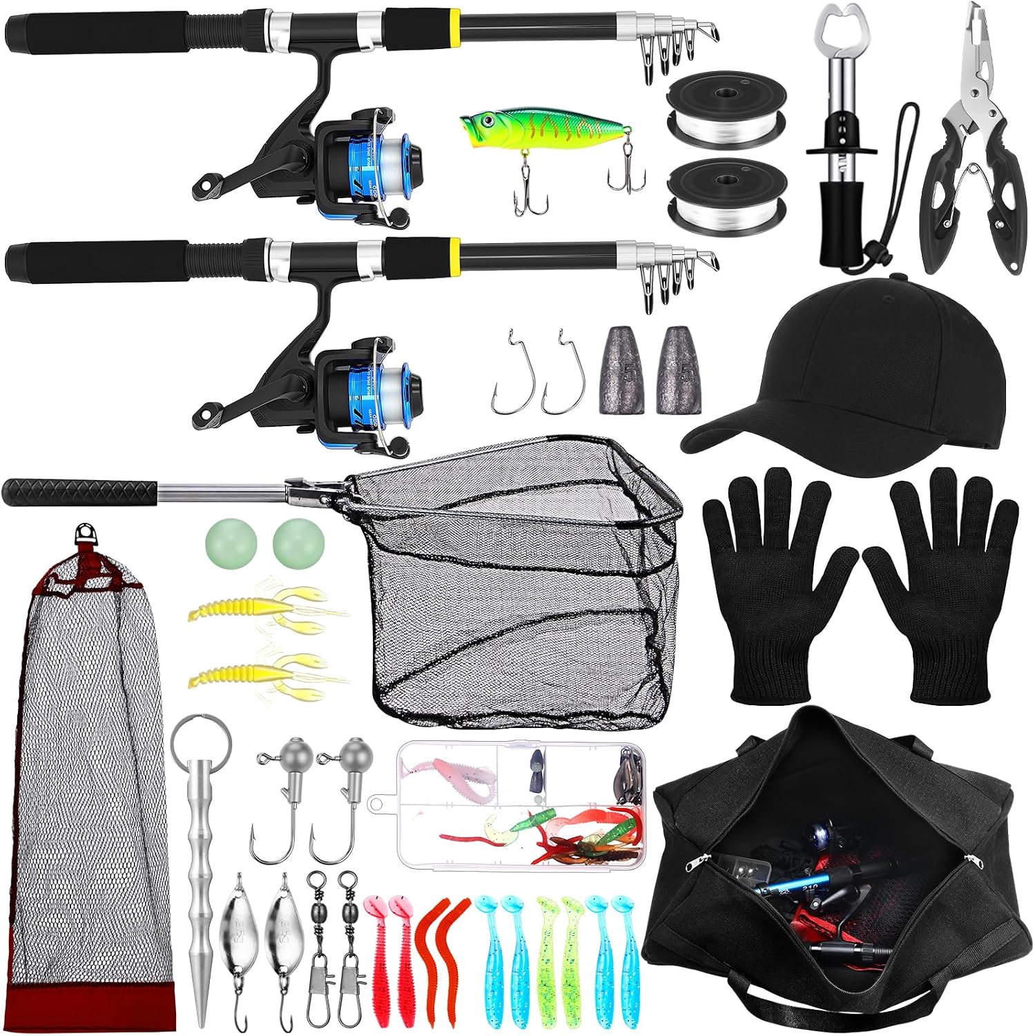 Telescopic Fishing Rod and Reel Combo 2 Pcs Collapsible Fishing Pole Kit with Plier Lip Gripper Lures Carrier Bag