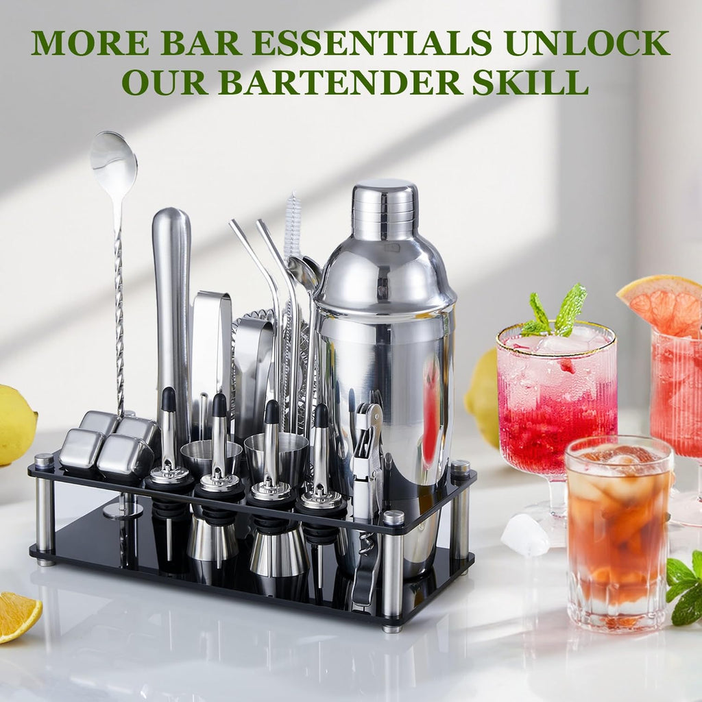 Cocktail Shaker Set, 23 Piece Bartender Kit with Stand 25oz Sliver